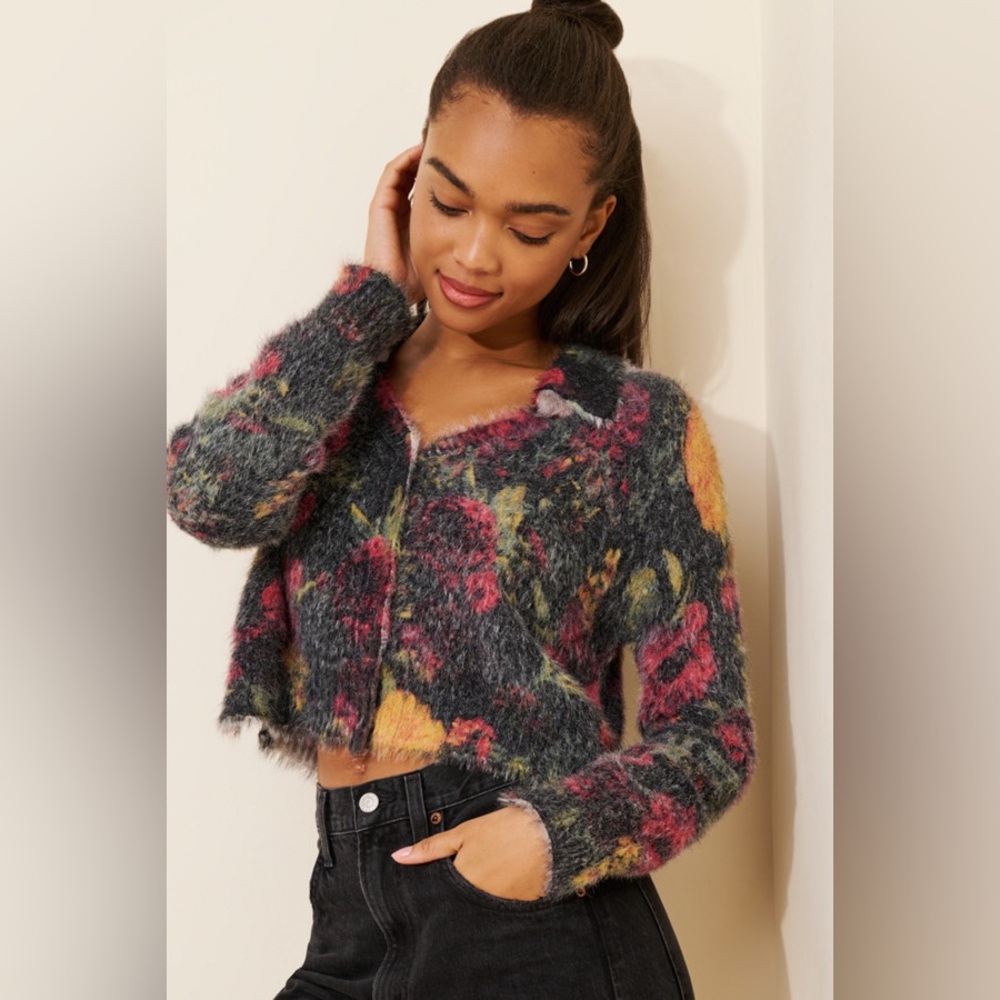 Pilcro Anthropologie Cropped Cardigan Sweater Eyelash Multicolor Fuzzy floral